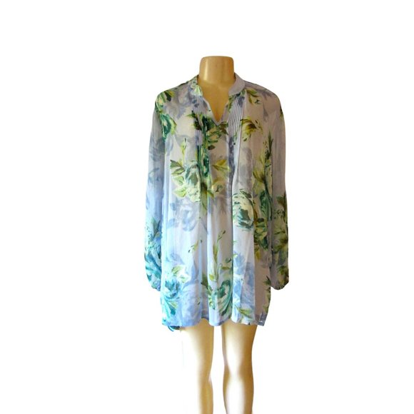 Susan Graver Tops - Susan Graver Blue & Green floral Sheer Tunic Style Blouse in Size 1X